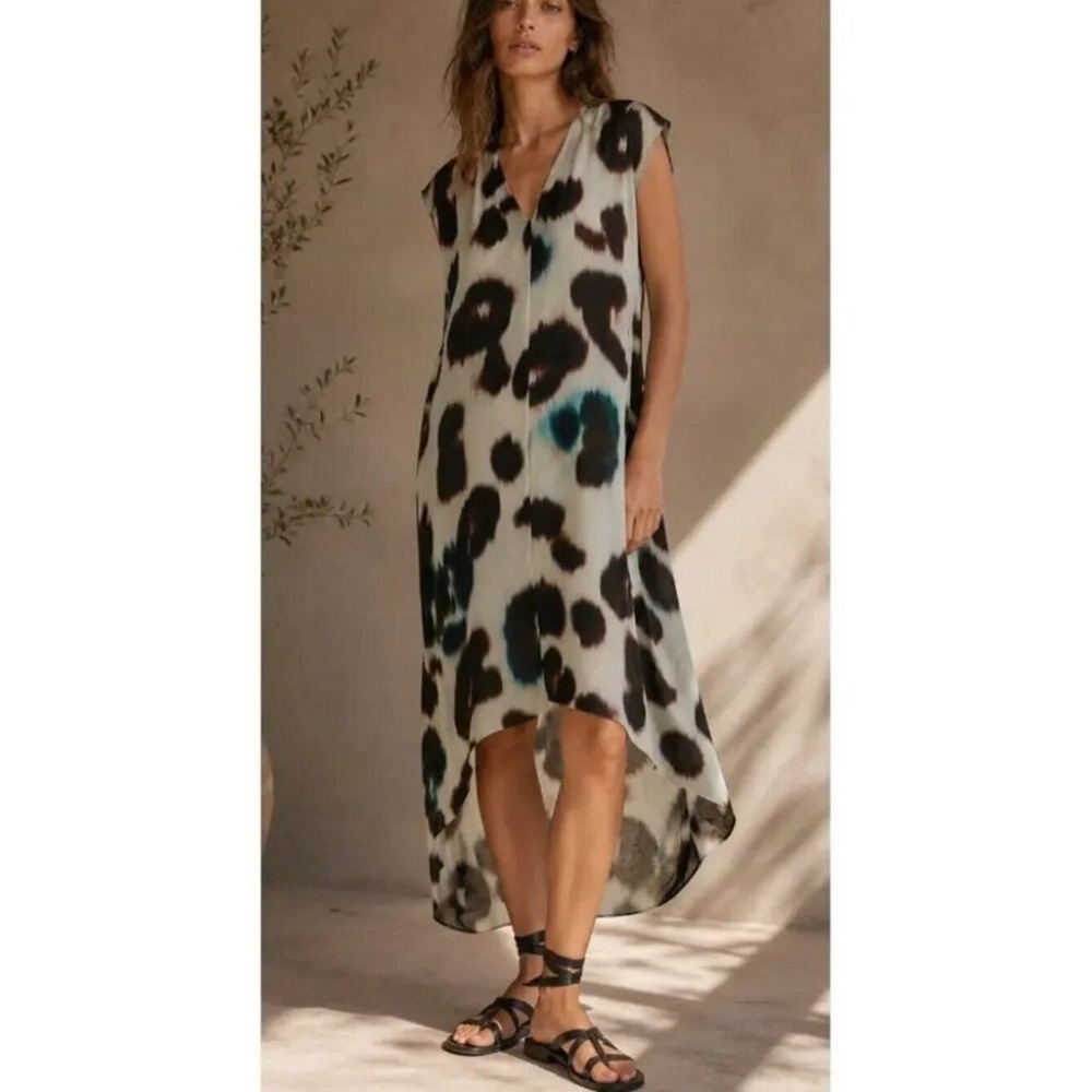 AllSaints 100% Silk Animal Print High Low Dress 8 Abstract Lagenlook Artsy Chic